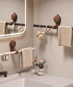Suction Cup Walnut Wood Towel Rack, Antique Style, No Drilling Required, Wall-Mounted Bathroom Towel Ring, Bath Towel Hanger (PACK OF 5)